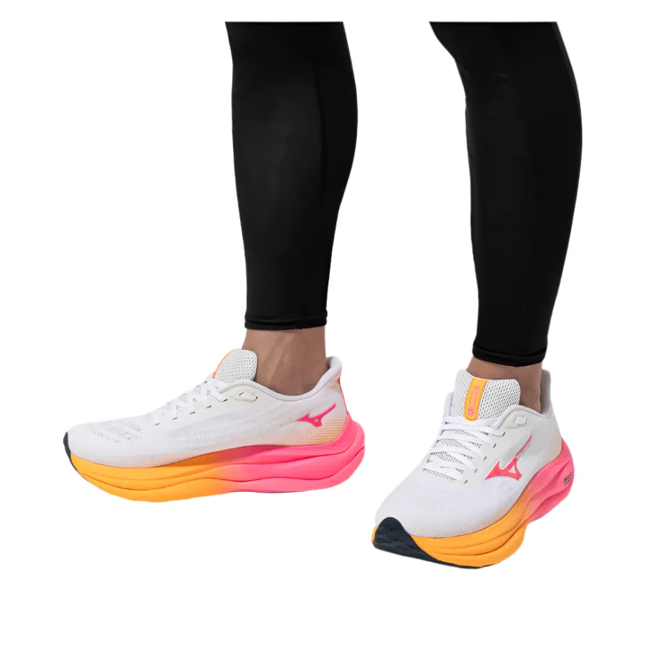 strength training shoes secure fastening shoes Mizuno Unisex Wave Sky 9 Running Shoes in White/Tang Orange/Pink Tetra AW25