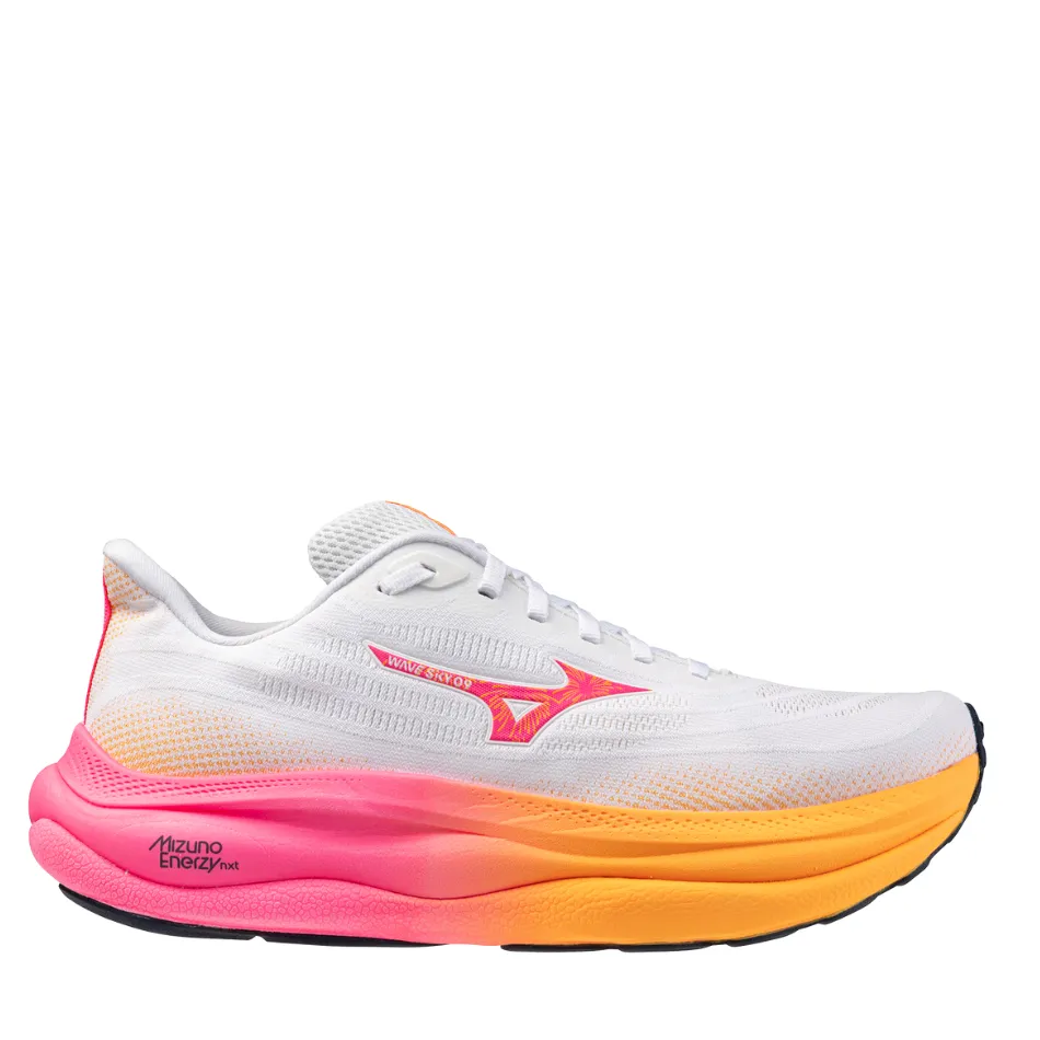 amazing comfort Mizuno Unisex Wave Sky 9 Running Shoes in White/Tang Orange/Pink Tetra AW25