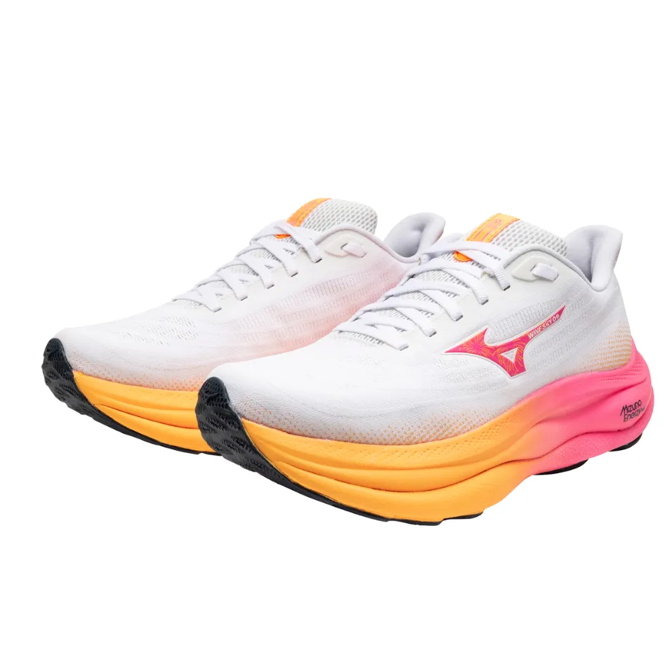 Mizuno Unisex Wave Sky 9 Running Shoes in White/Tang Orange/Pink Tetra AW25 adjustable - strap running wear banked track running option