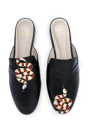 Vacation Ready Shock Resistant Gold Snake Black Mule