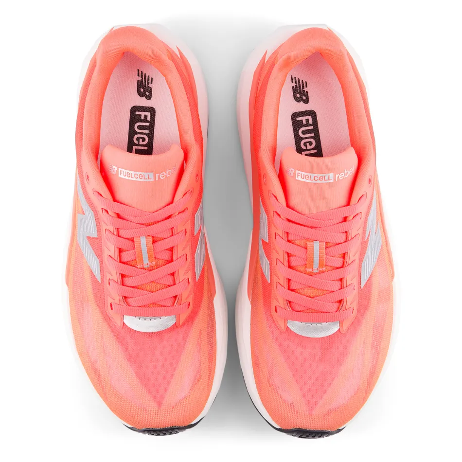 New Balance Women's Fuelcell Rebel V5 Running Shoes in Urgent Red/White/Silver Metallic AW25 triangular - design shoes