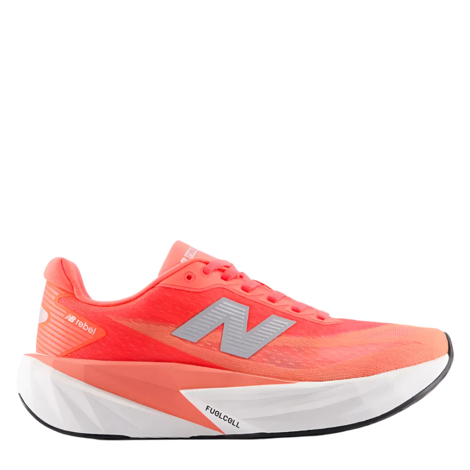New Balance Women's Fuelcell Rebel V5 Running Shoes in Urgent Red/White/Silver Metallic AW25 Logoed branding Sprinting Aid