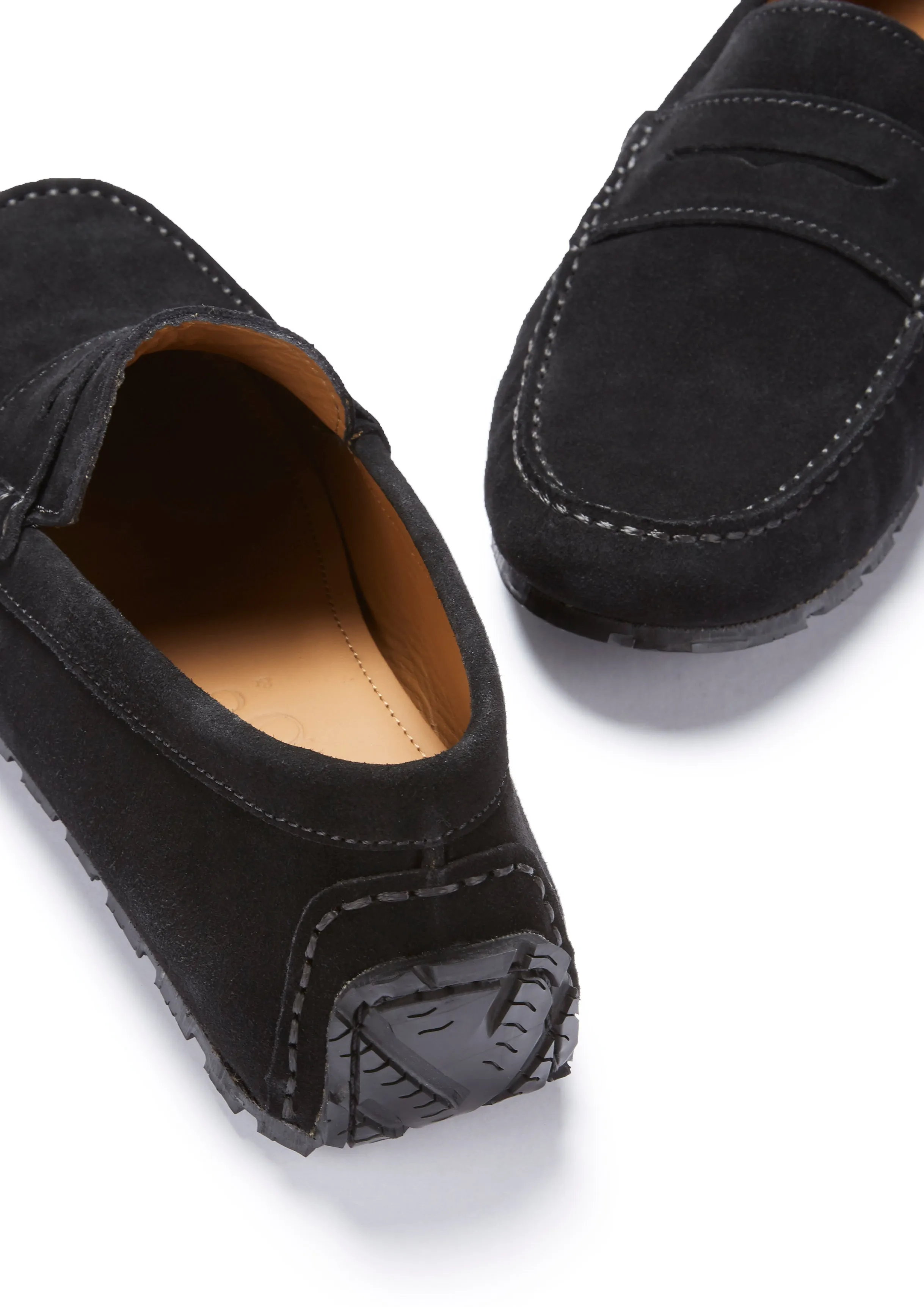 Tyre Sole Penny Driving Loafers, black suede Slip Easy