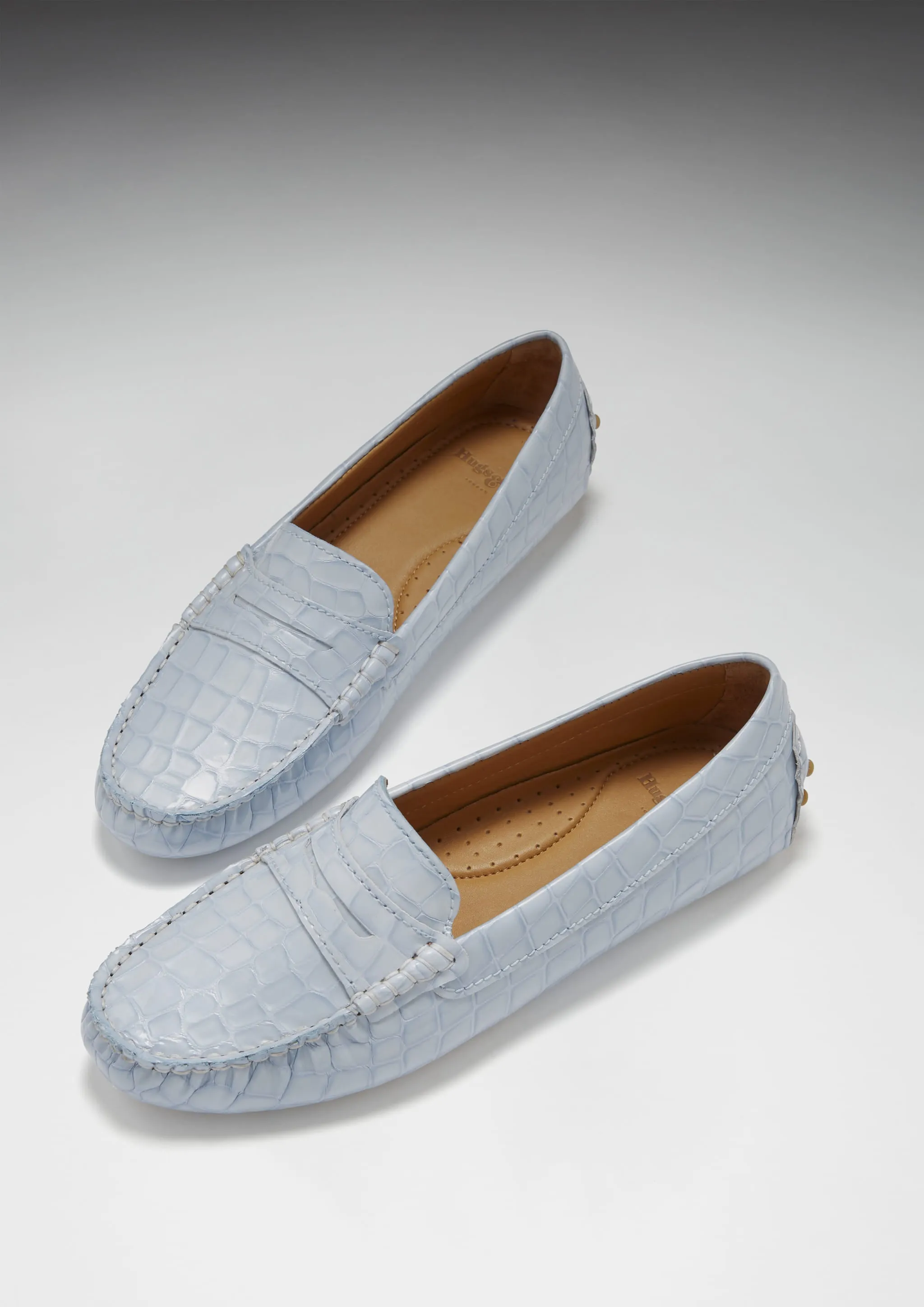 Firm Power Women's Penny Driving Loafers, powder blue print patent leather
