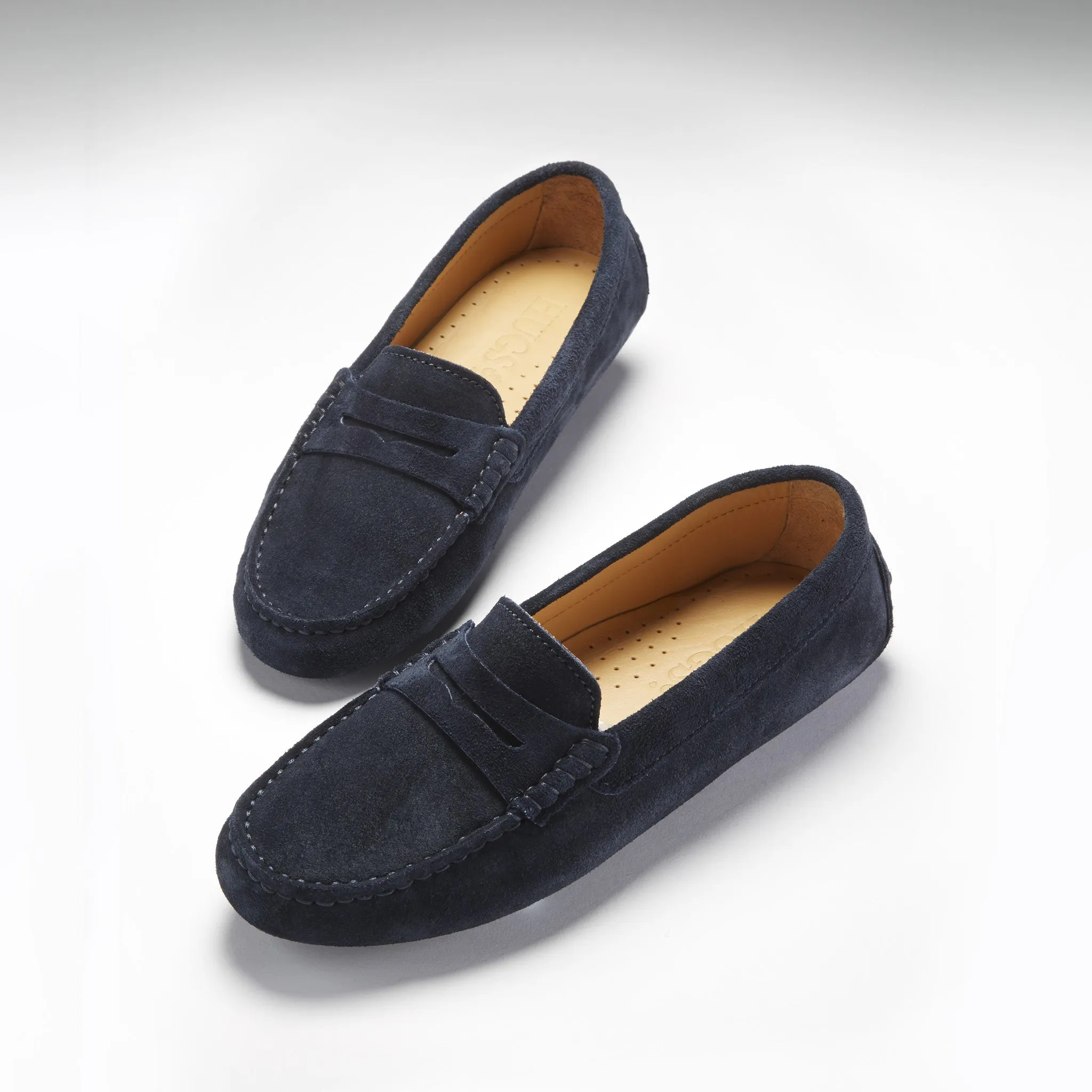 Women's Penny Driving Loafers, navy blue suede Full-Grain Leather