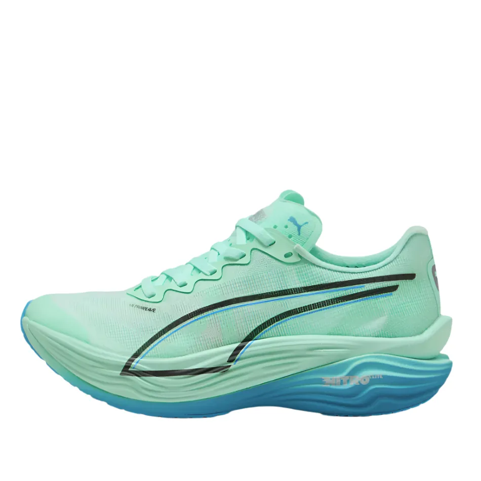 running during a windy day PUMA Women's Deviate NITRO Elite 3 Running Shoes in Mint Melt/Speed Blue AW25