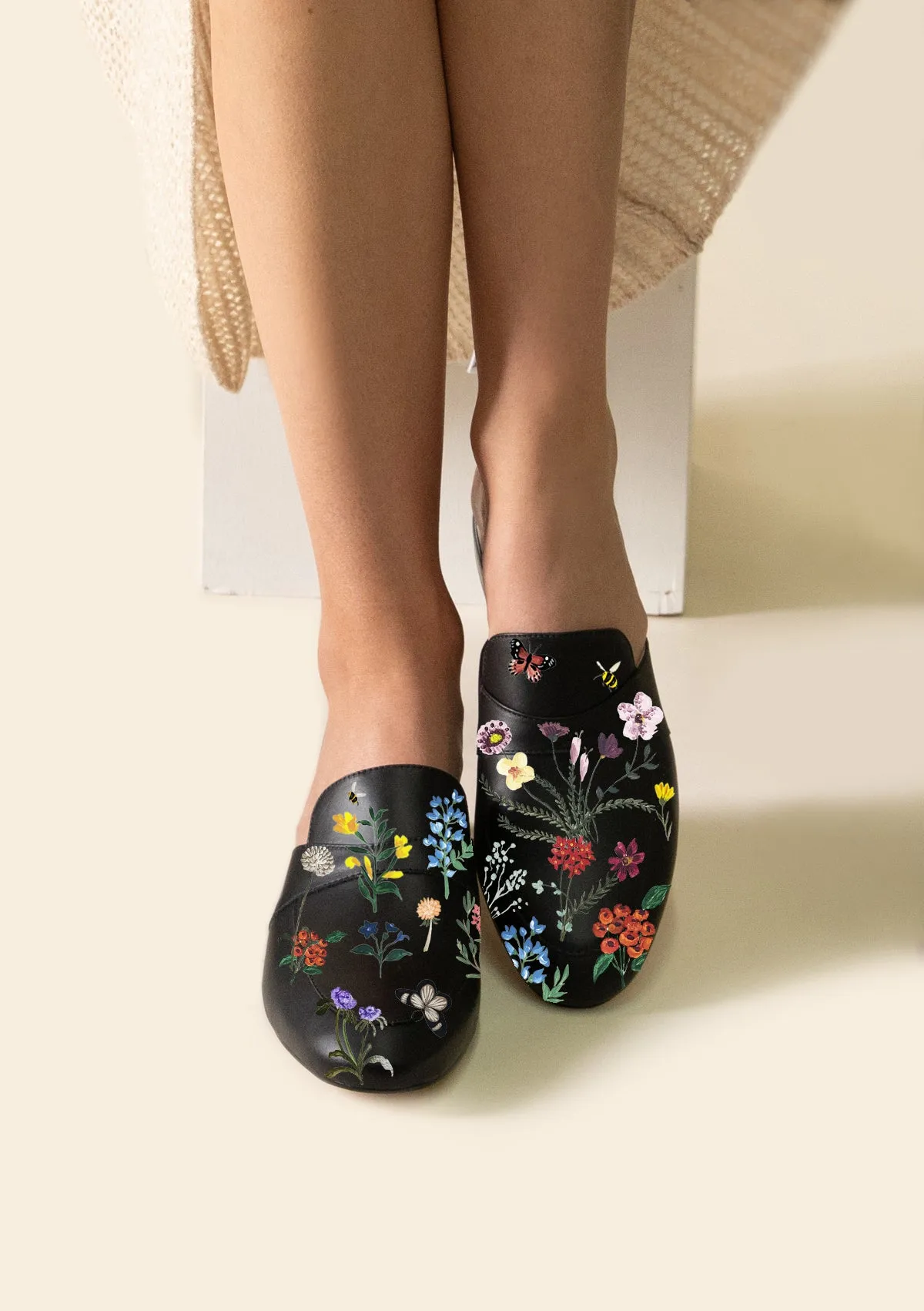 Pressed Flowers Black Mule Comfortable Support