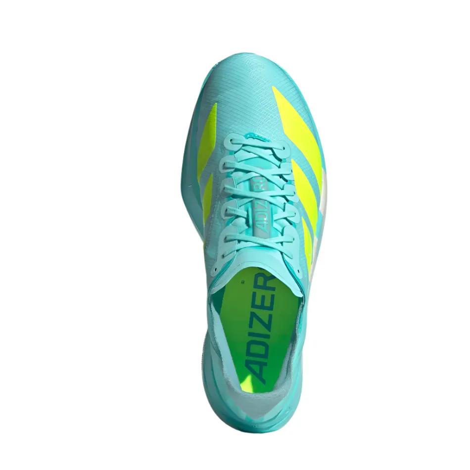 Adidas Men's Adizero Adios Pro 4 Running Shoes in Flash Aqua/Lucid Lemon/Mint Ton AW25 running in parks running sock