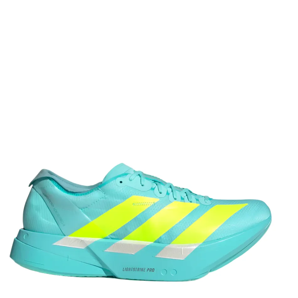 medallion - decorated running wear Adidas Men's Adizero Adios Pro 4 Running Shoes in Flash Aqua/Lucid Lemon/Mint Ton AW25