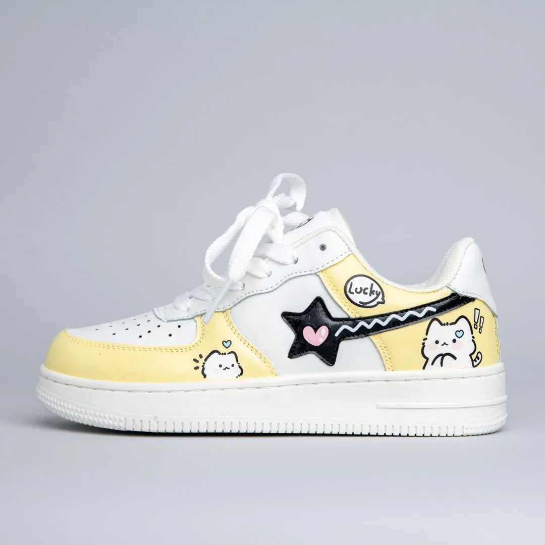 Hand Painted Lucky Cat Butter Yellow Sneakers - Unisex Action Mode Breathable Style