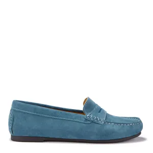 Women's Penny Driving Loafers Full Rubber Sole, teal suede Gallery Tour Wood Path