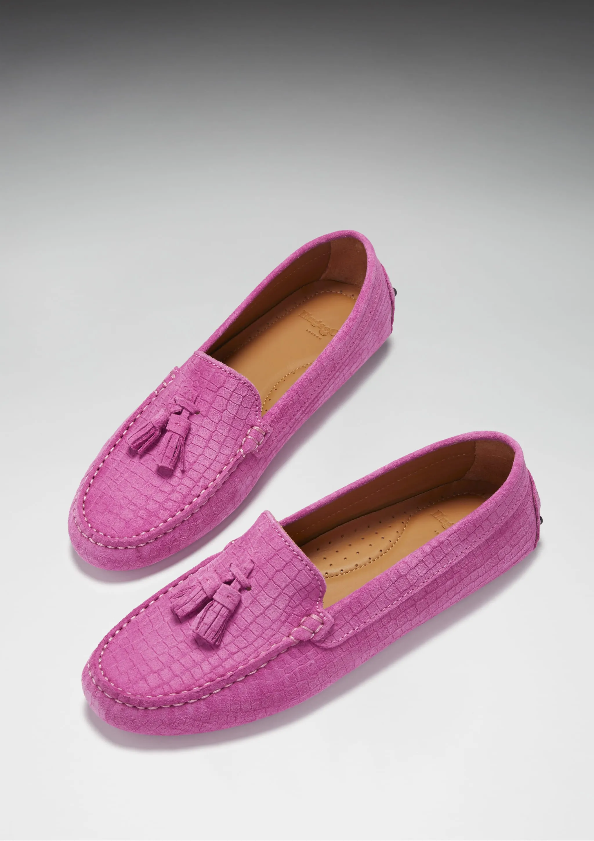 Elegant Casual Shoes Foot Clear Women's Tasselled Driving Loafers, pink embossed suede