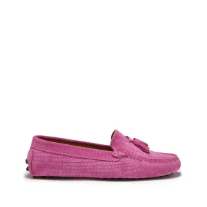 Women's Tasselled Driving Loafers, pink embossed suede Soft Motion Sure Path