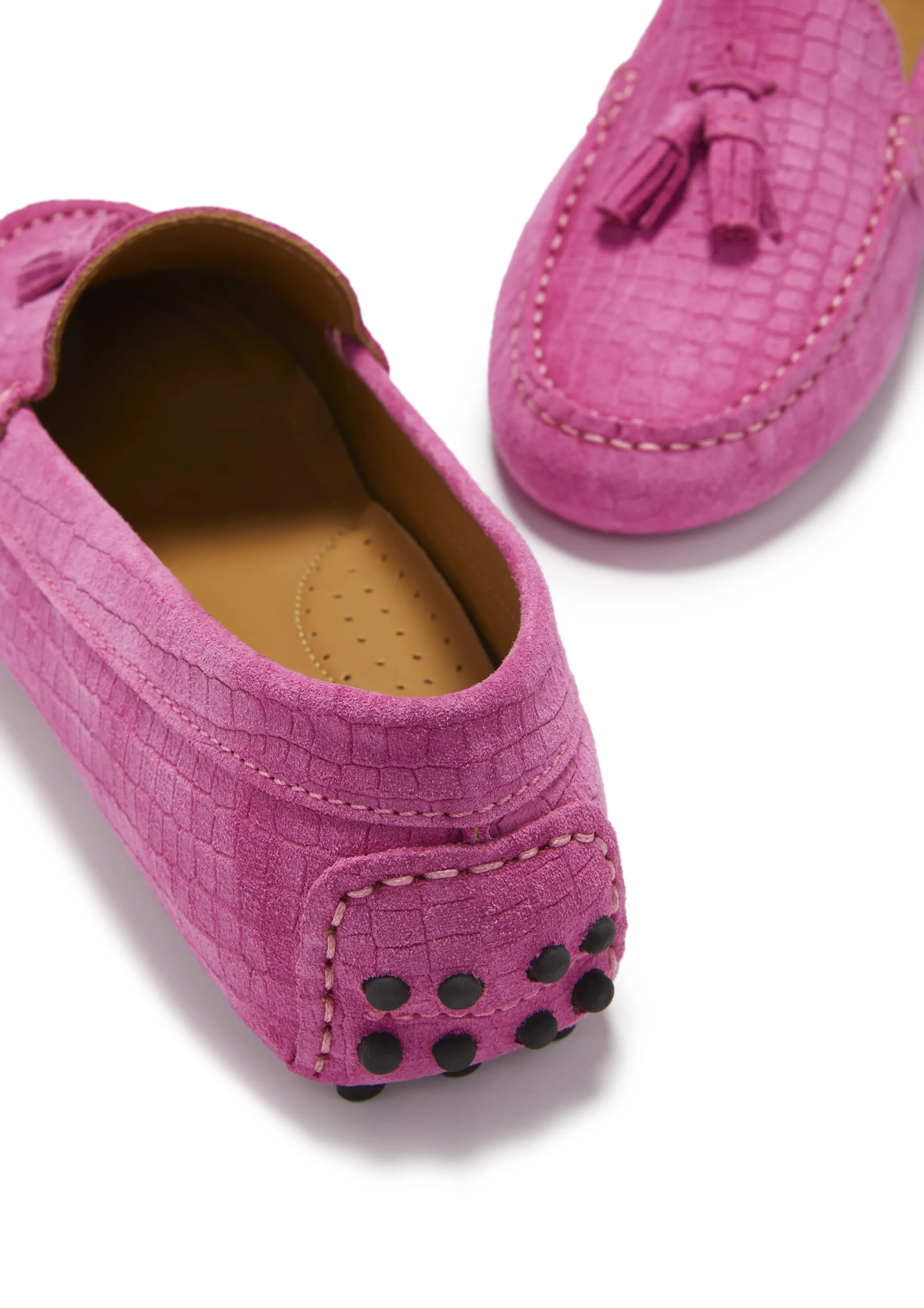 Women's Tasselled Driving Loafers, pink embossed suede Step Guard Office Worker