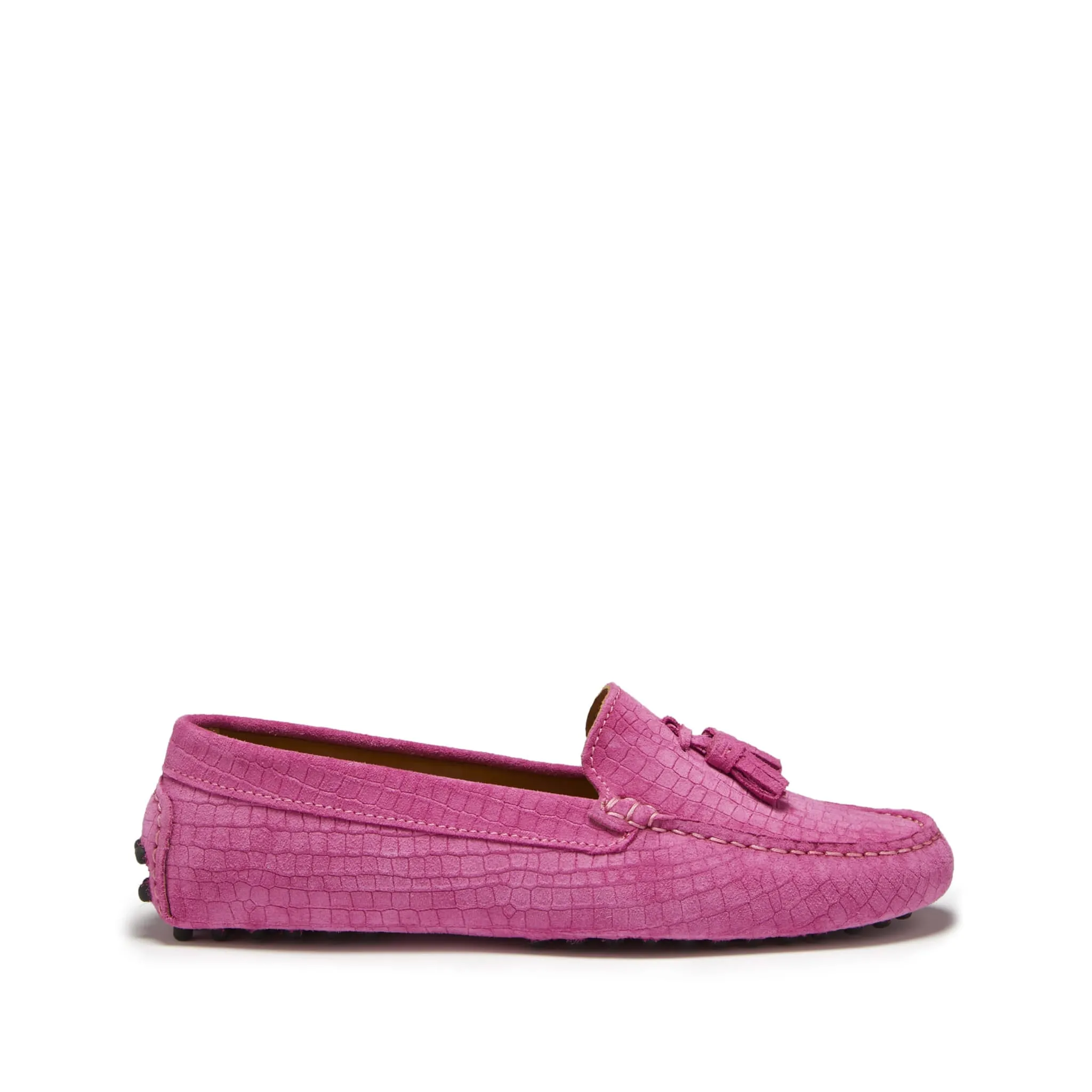 Women's Tasselled Driving Loafers, pink embossed suede Soft Motion Sure Path
