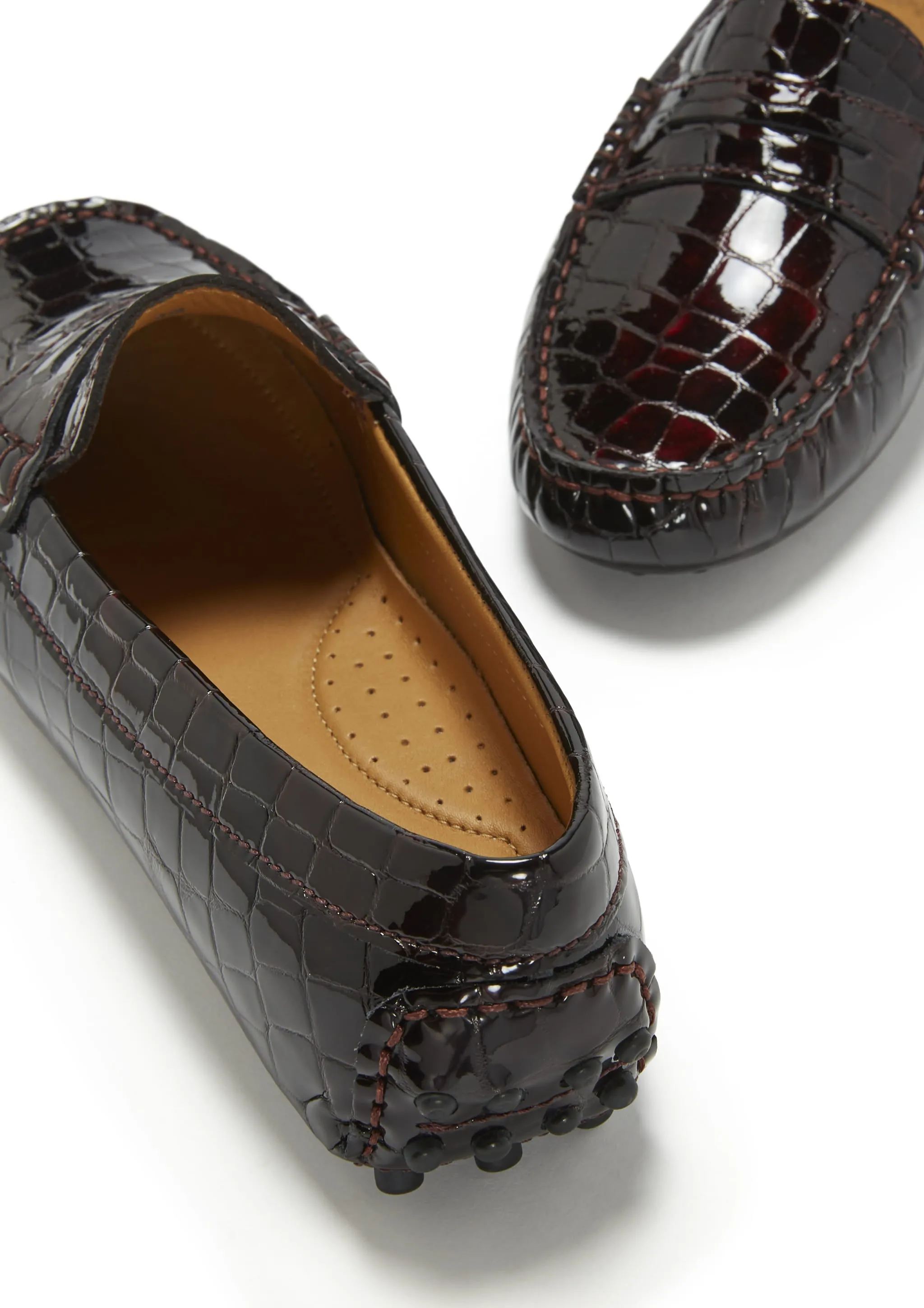 Street Hold Women's Penny Driving Loafers, brown croc print patent leather