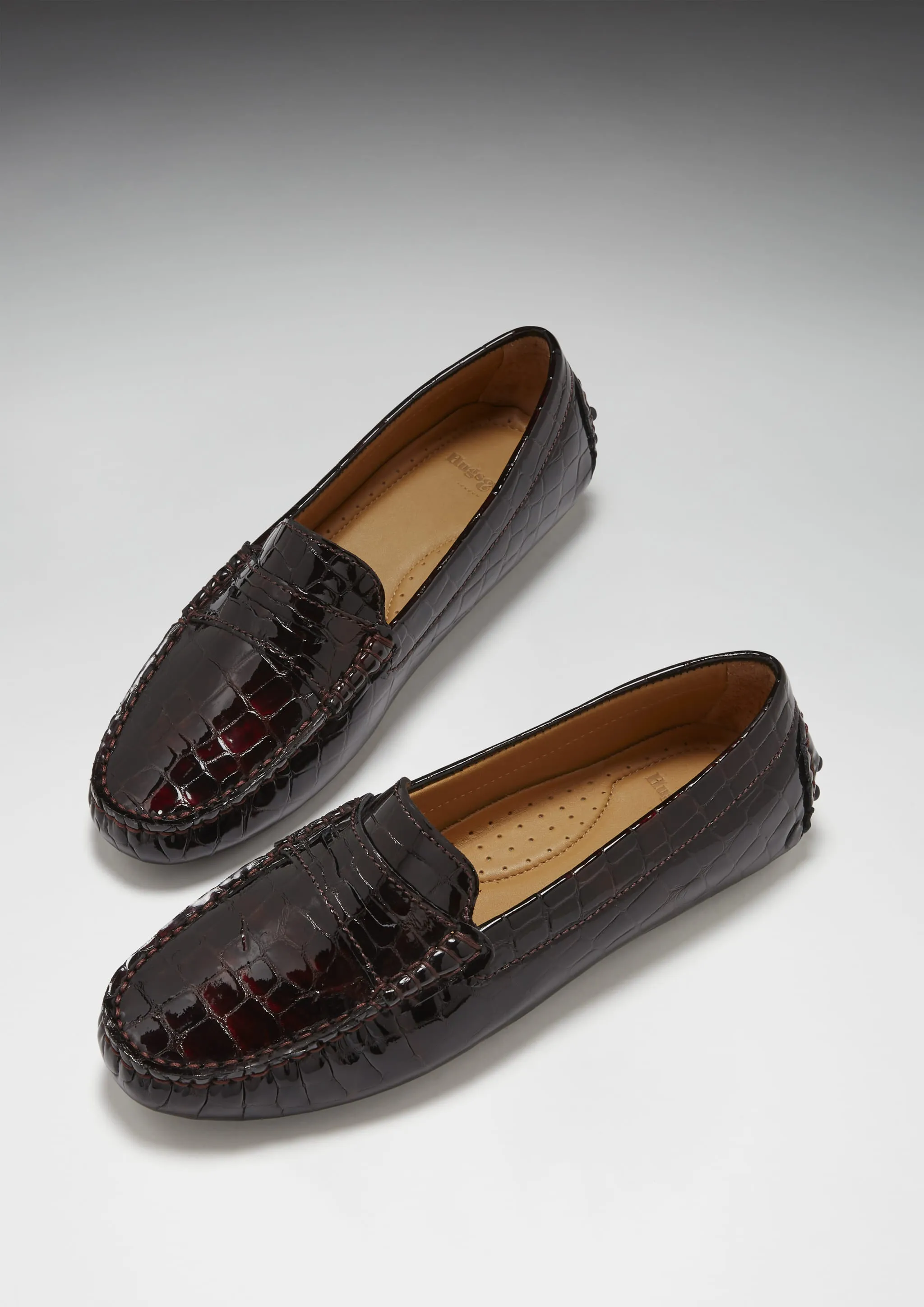 Women's Penny Driving Loafers, brown croc print patent leather Perforated Detail Air Path