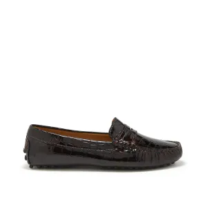 Women's Penny Driving Loafers, brown croc print patent leather College Trend Sophisticated Style