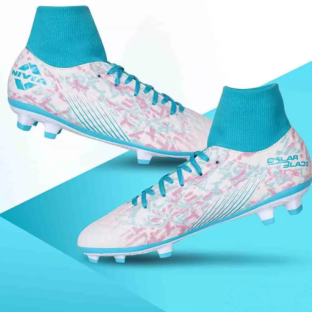 Fitness Level Stable Steps NIVIA Oslar Blade 3.0 Football Shoes for Men (White/Aqua)