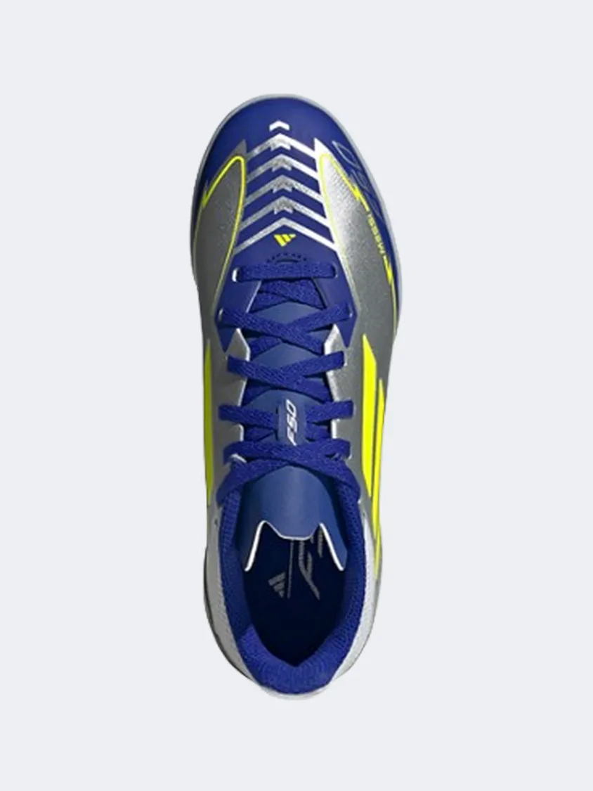 Adidas F50 League Tf Messi Kids Football Shoes Silver/Yellow/Blue Performance Design Sprint Drills