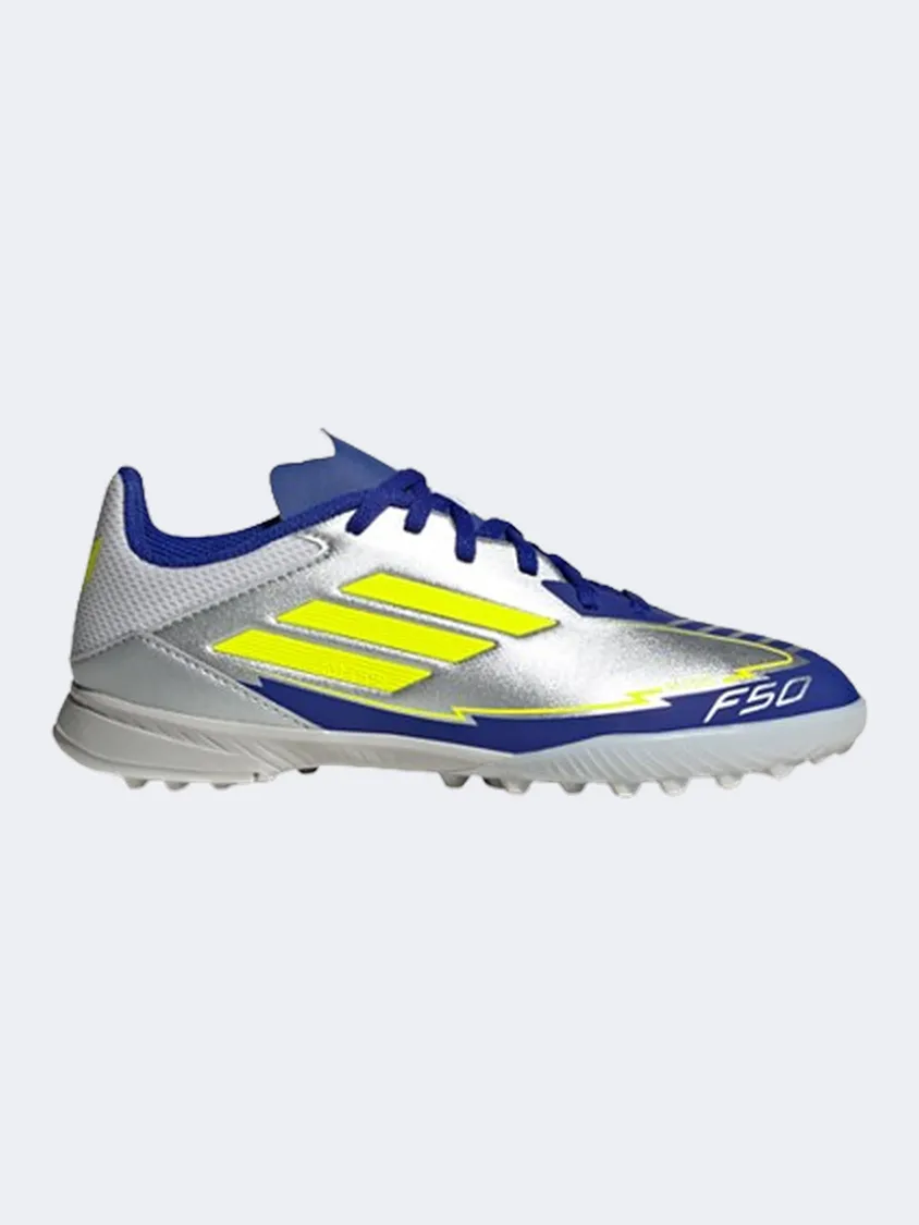 Adidas F50 League Tf Messi Kids Football Shoes Silver/Yellow/Blue Pro Level Support