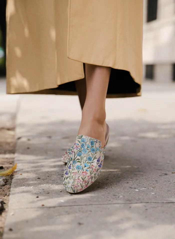 Floral Print Beige Mule Indoor Use