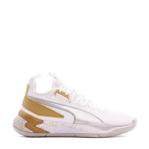 Puma Basketball Uproar Hybrid Court White Metallic Silver Men 192775-09 Flexible Forefoot Flexure Fast Moves