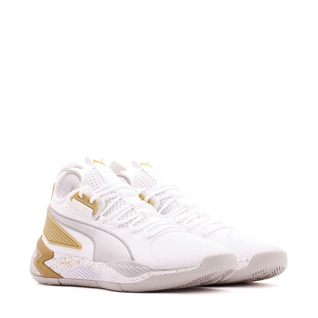 Puma Basketball Uproar Hybrid Court White Metallic Silver Men 192775-09 Tear Resistant Eyelets