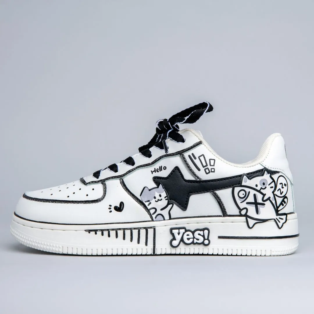 Easy on Multi Flex Hand Painted Kawaii Cat Casual White Shoes - Unisex