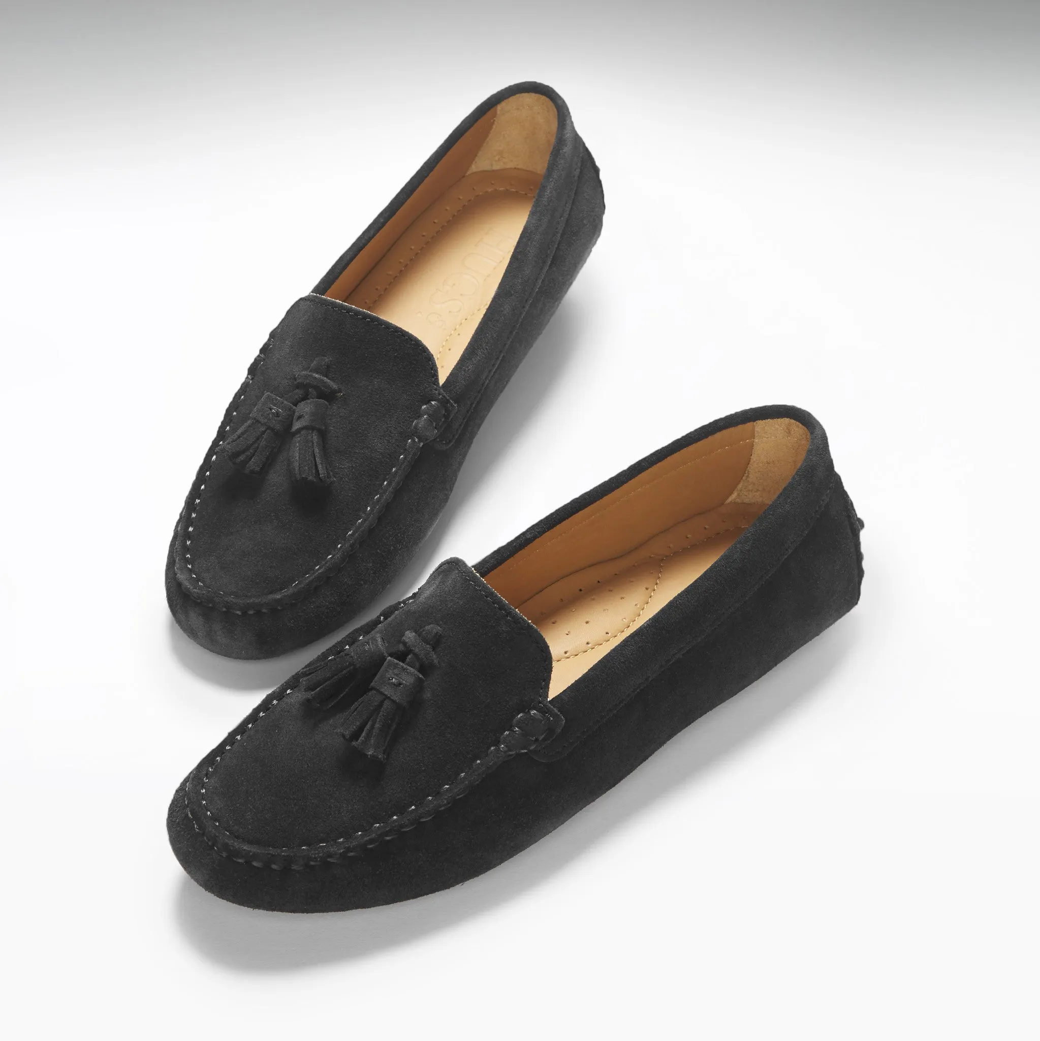 Women's Tasselled Driving Loafers, black suede Bridge Path