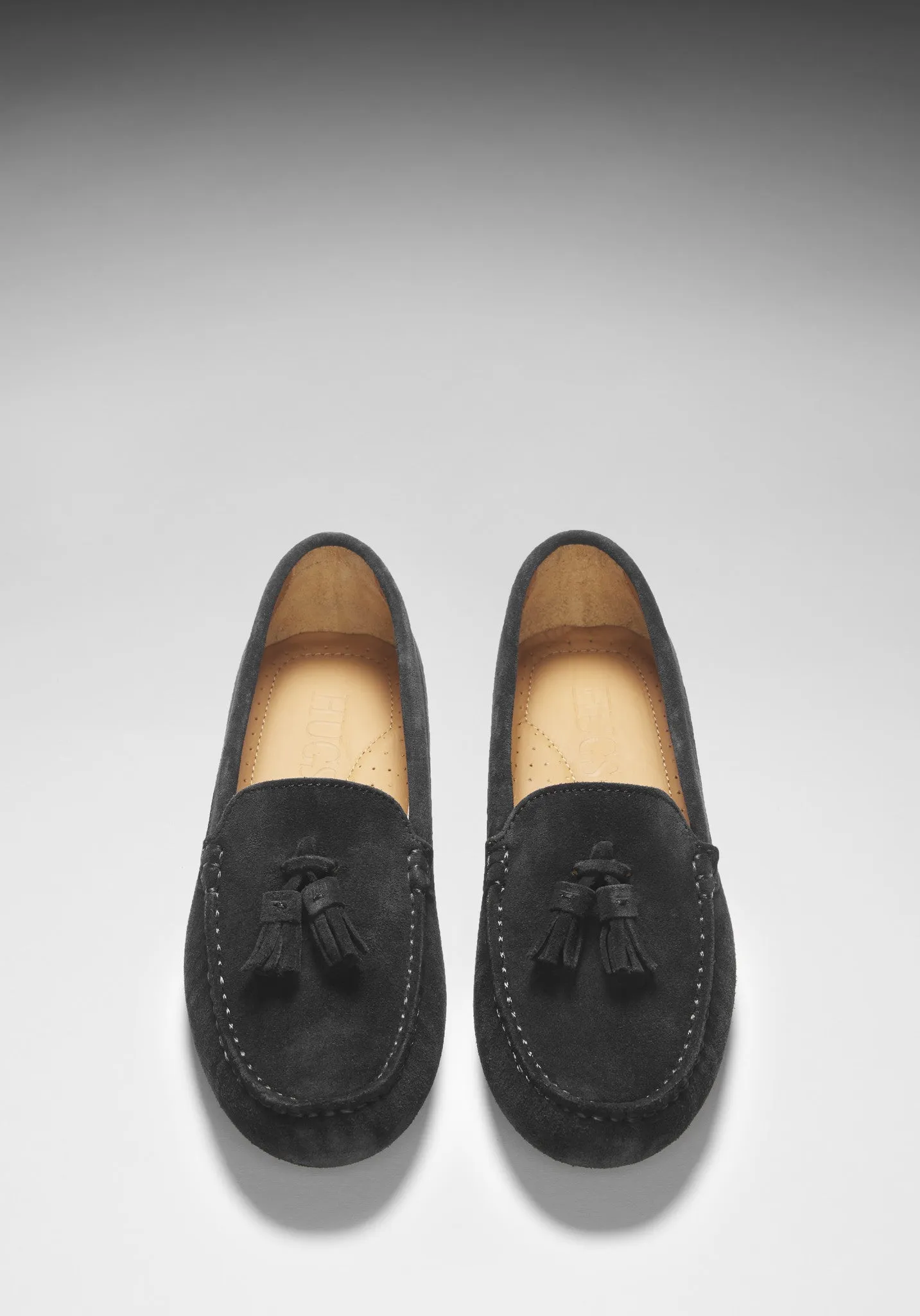 Women's Tasselled Driving Loafers, black suede Heel Steady Trendy Comfort