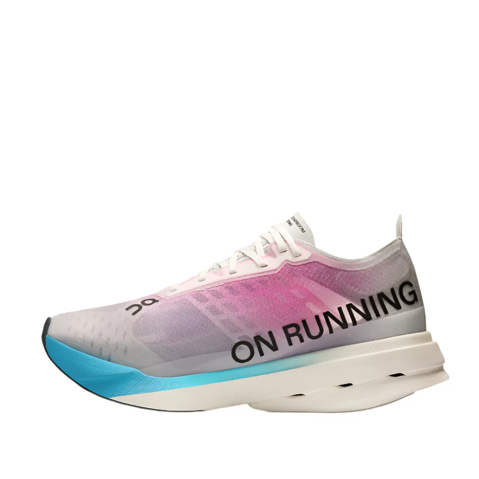 On Women's Cloudboom Strike Running Shoes in White/Horizon AW25 Soft midsoles running armbands