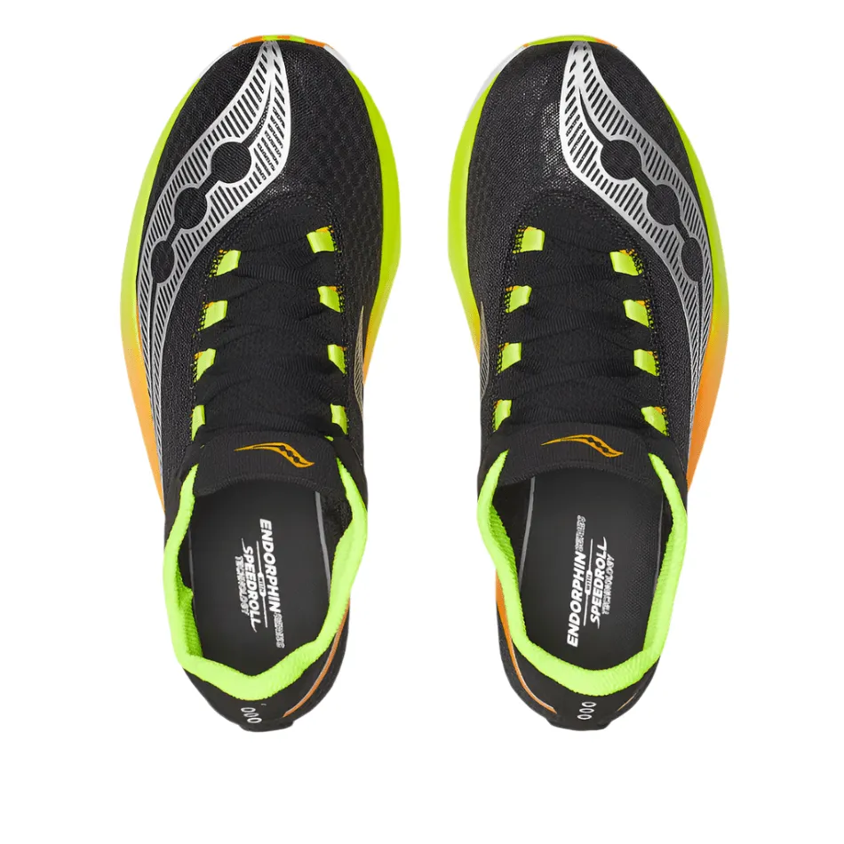 Saucony Men's Endorphin Pro 4 Running Shoes in Black/Vo2 AW25 running in a stadium shoes