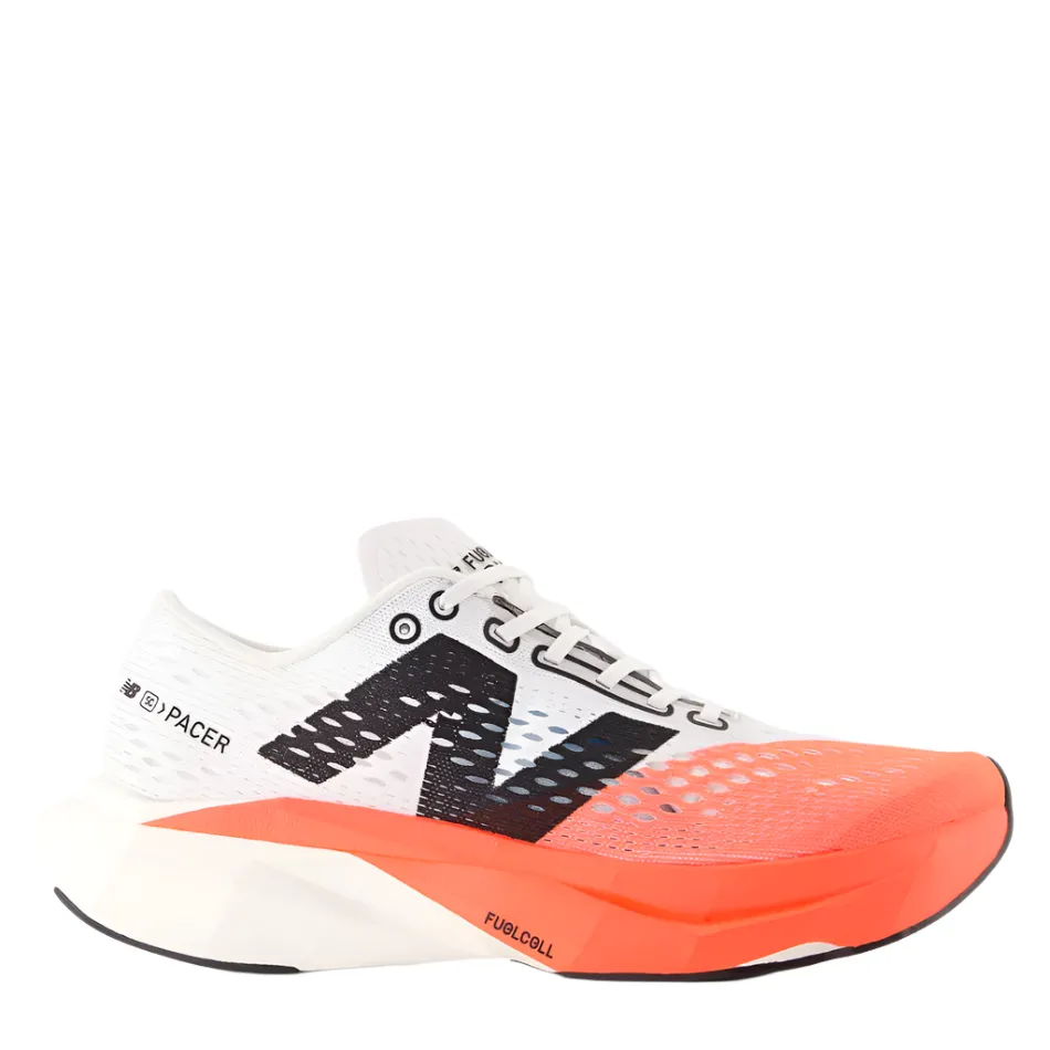 New Balance Women's Fuelcell Supercomp Pacer V2 Running Shoes in Urgent Red/White/Silver Metallic AW25 running in stadium