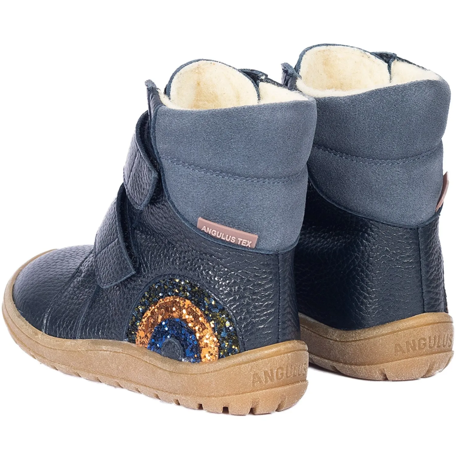 Soft Lining Angulus Navy/Blue Fog/Glitter Tex Boot with sparkling glitter rainbow