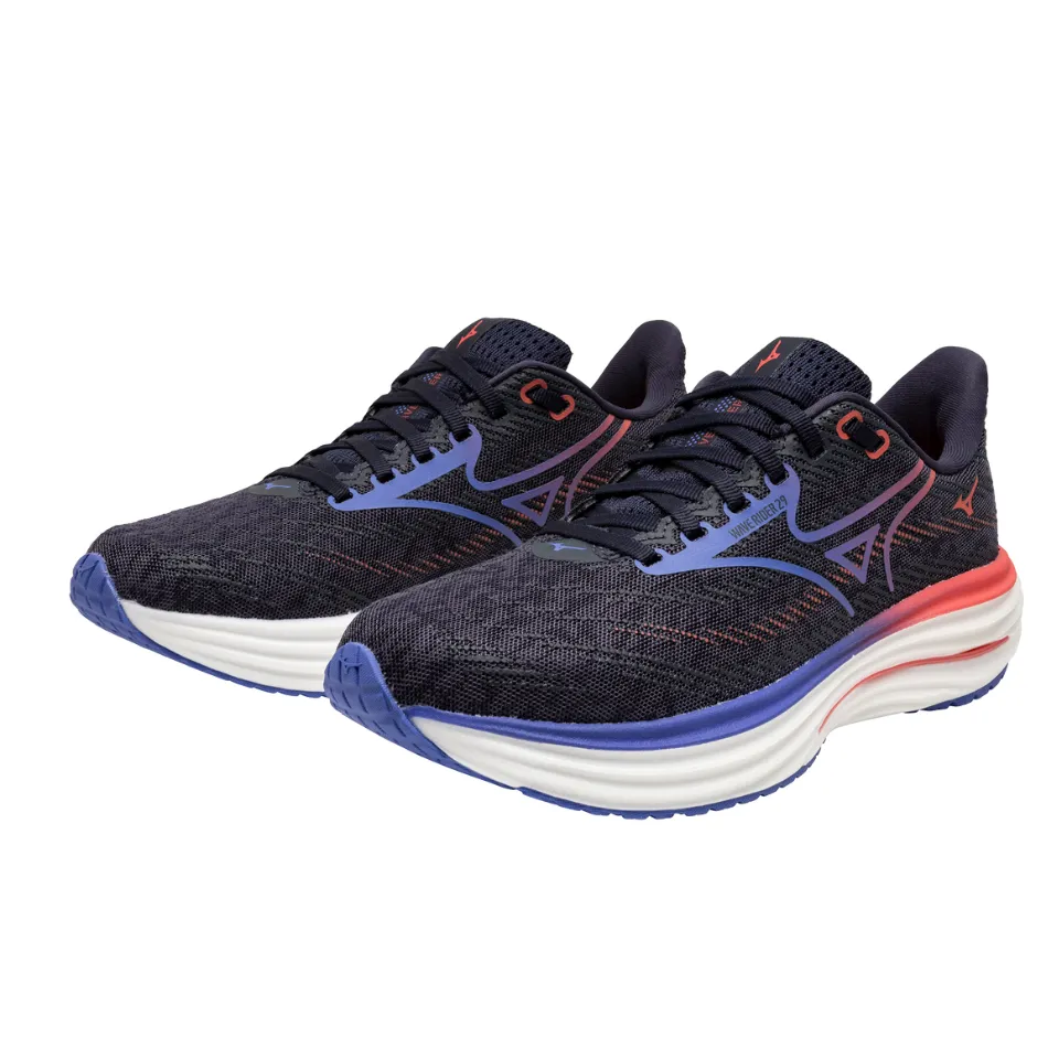 Mizuno Women's Wave Rider 29 Running Shoes in Odyssey Gray/Iris Bloom/Calypso Coral AW25 high - mileage shoe endurance anti - friction lining
