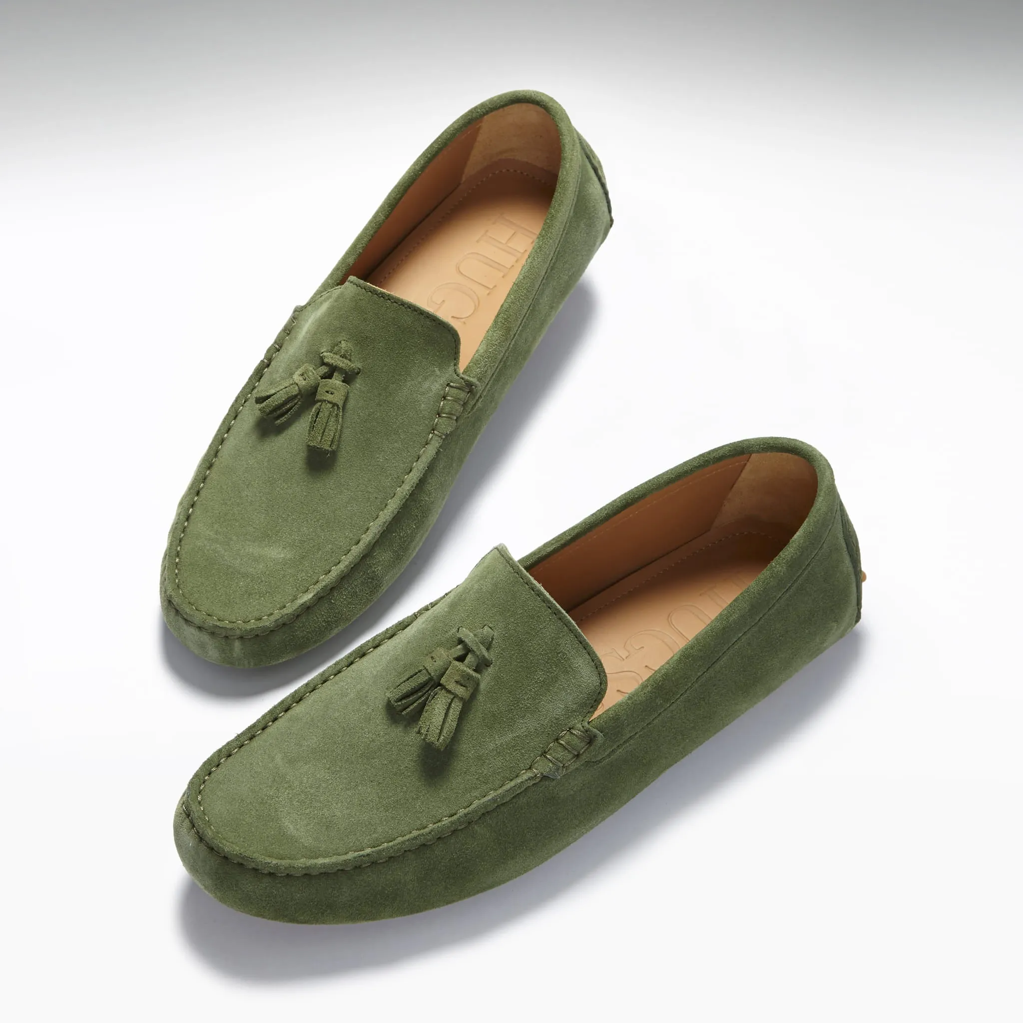 Tasselled Driving Loafers, safari green suede Office Friendly