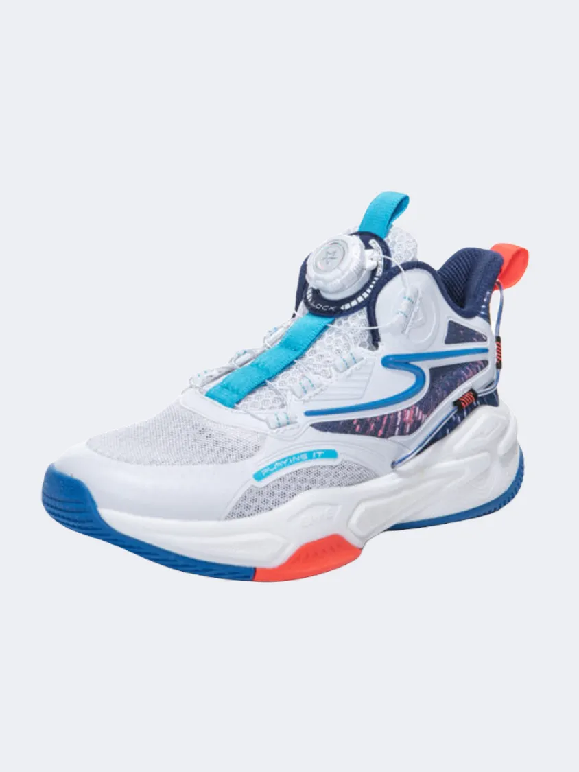 Erke Gs Boys Basketball Shoes White/Blue Hyperlock System Foam Padded Collar