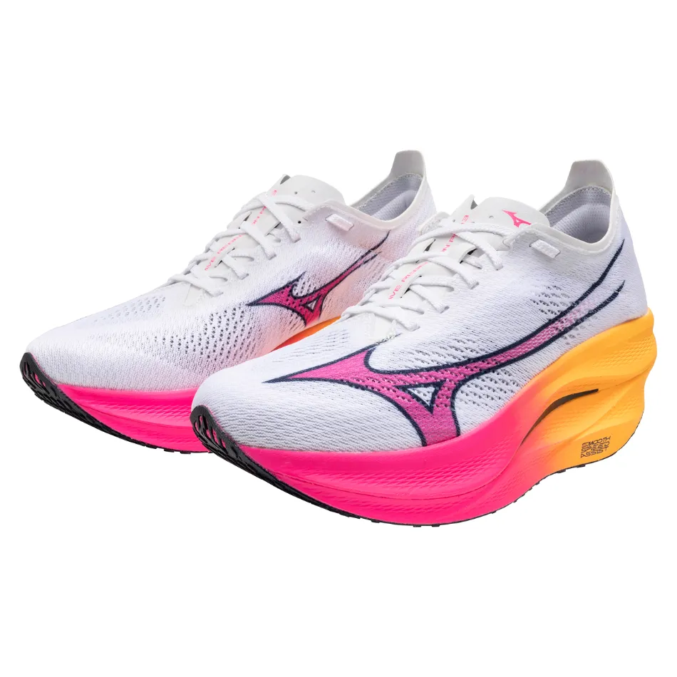 Mizuno Unisex Wave Rebellion Pro 3 Running Shoes in White/Pink Tetra/Tang Orange AW25 running tradition