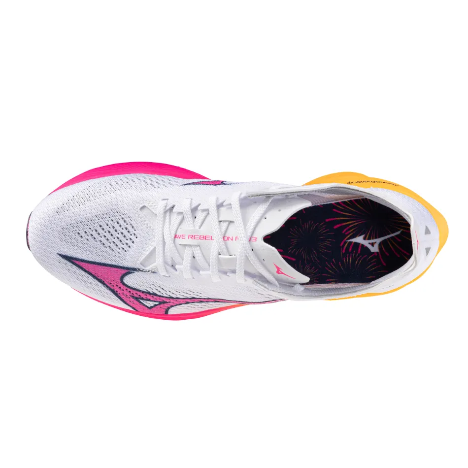 narrow - fit option Matte - finish Mizuno Unisex Wave Rebellion Pro 3 Running Shoes in White/Pink Tetra/Tang Orange AW25