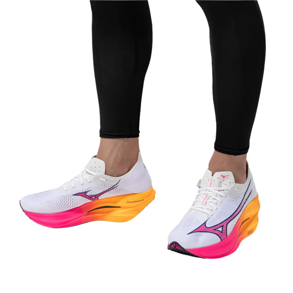 Mizuno Unisex Wave Rebellion Pro 3 Running Shoes in White/Pink Tetra/Tang Orange AW25 microfiber shoes