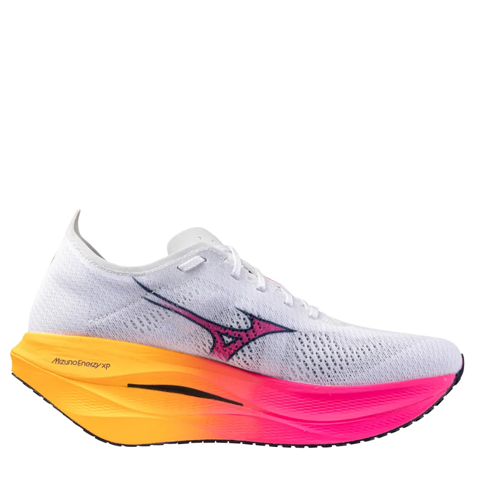 arctic - themed running option Mizuno Unisex Wave Rebellion Pro 3 Running Shoes in White/Pink Tetra/Tang Orange AW25