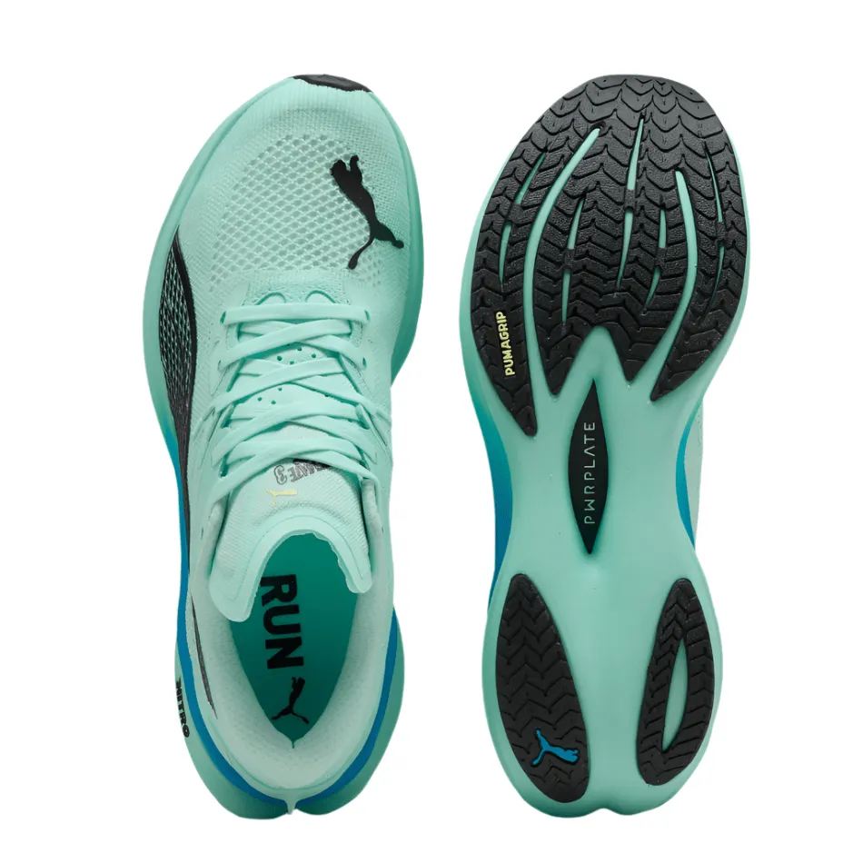 PUMA Men's Deviate NITRO 3 Running Shoes in Mint Melt/Speed Blue AW25 responsive running shoes Snug fit
