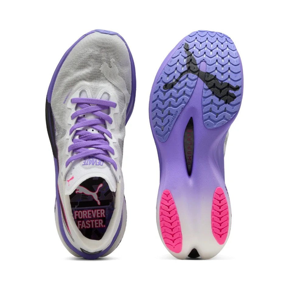 PUMA Women's Deviate NITRO Elite 3 DIGITOKYO Running Shoes in PUMA White/Dark Amethyst AW25 running in a rope bridge area shoes