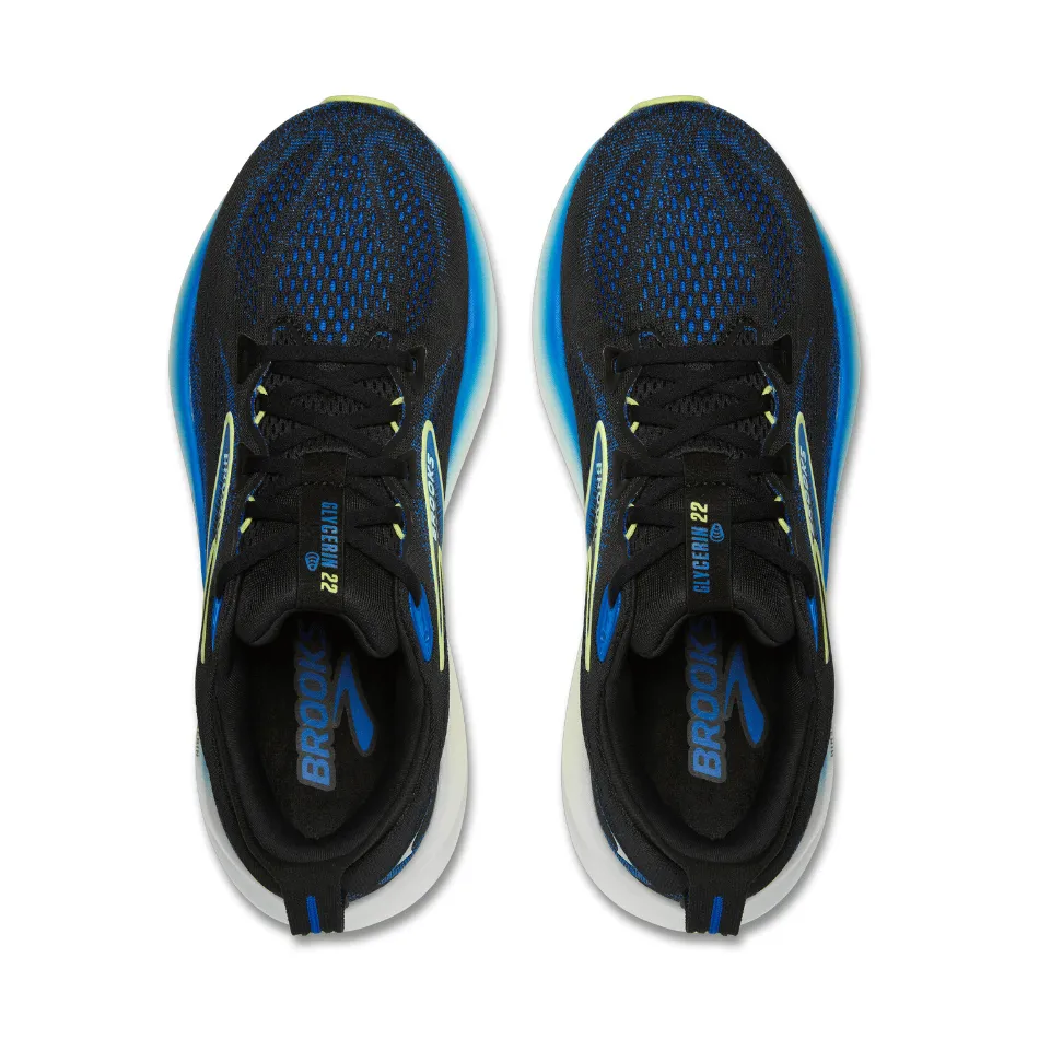 Brooks Men's Glycerin 22 Running Shoes in Black/Cobalt/Neo Yellow SS25 flared running wear