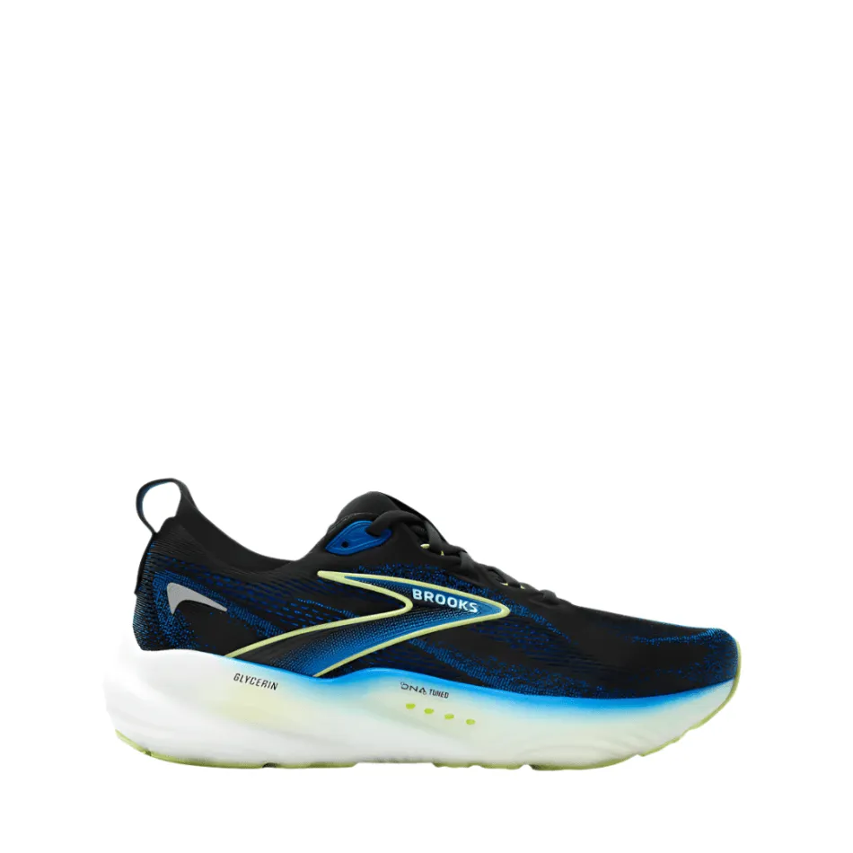 Brooks Men's Glycerin 22 Running Shoes in Black/Cobalt/Neo Yellow SS25 running in narrow tracks shoes