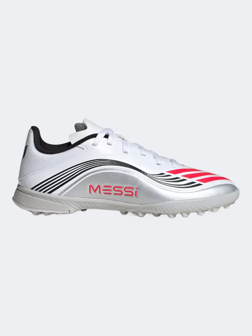Adidas F50 Messi League Turf Kids Football Shoes White/Red/Silver Outdoor Field Advanced Performance