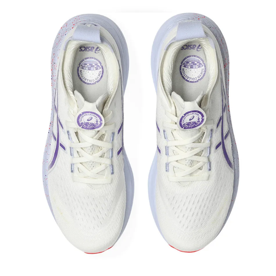 ASICS Men's GEL-NIMBUS 27 TOKYO Collection Running Shoes in Cream/Edo Purple AW25 running in old tracks shoes