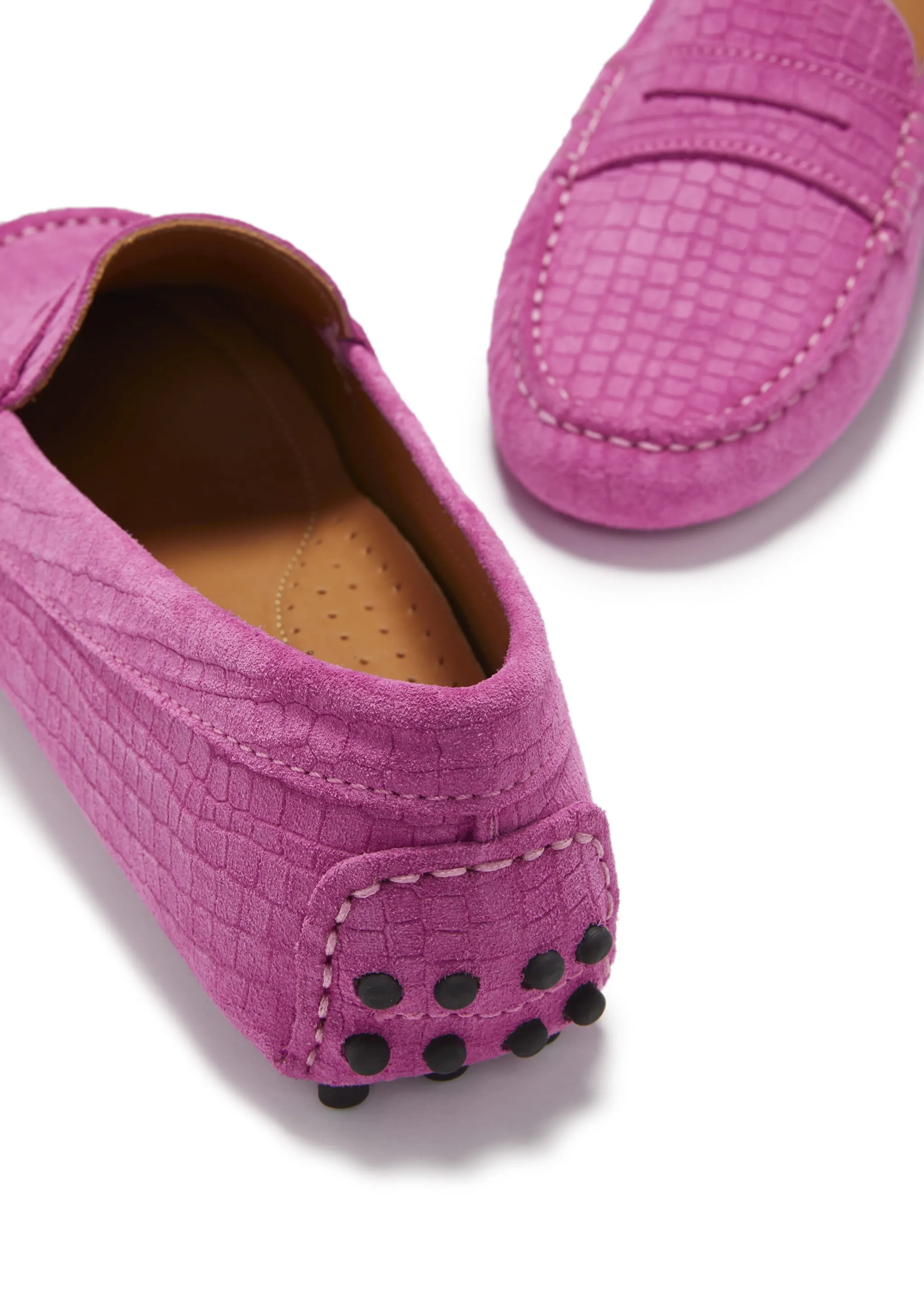 Women's Penny Driving Loafers, pink embossed suede Classic Look Slip Friendly