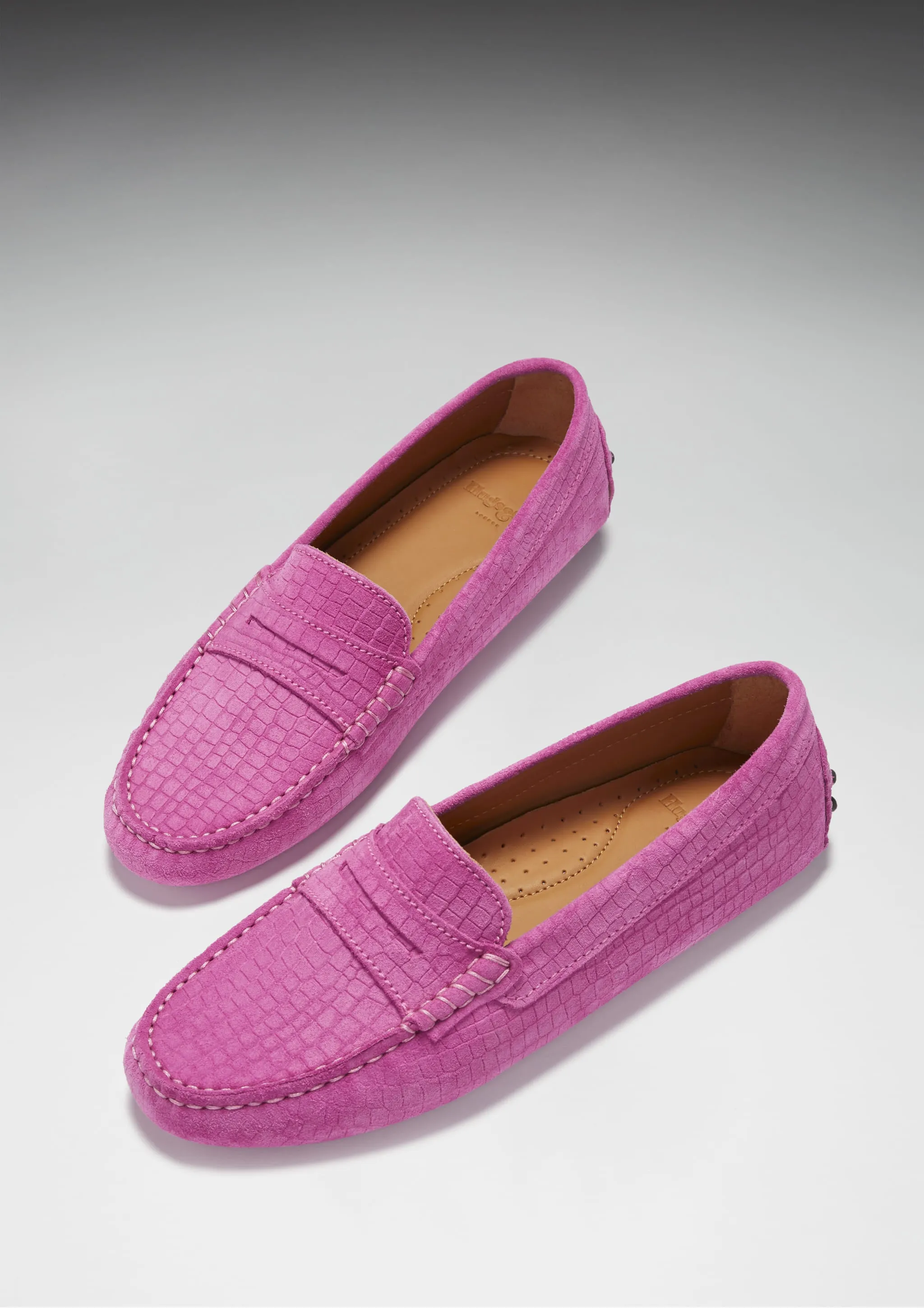 Women's Penny Driving Loafers, pink embossed suede premium design